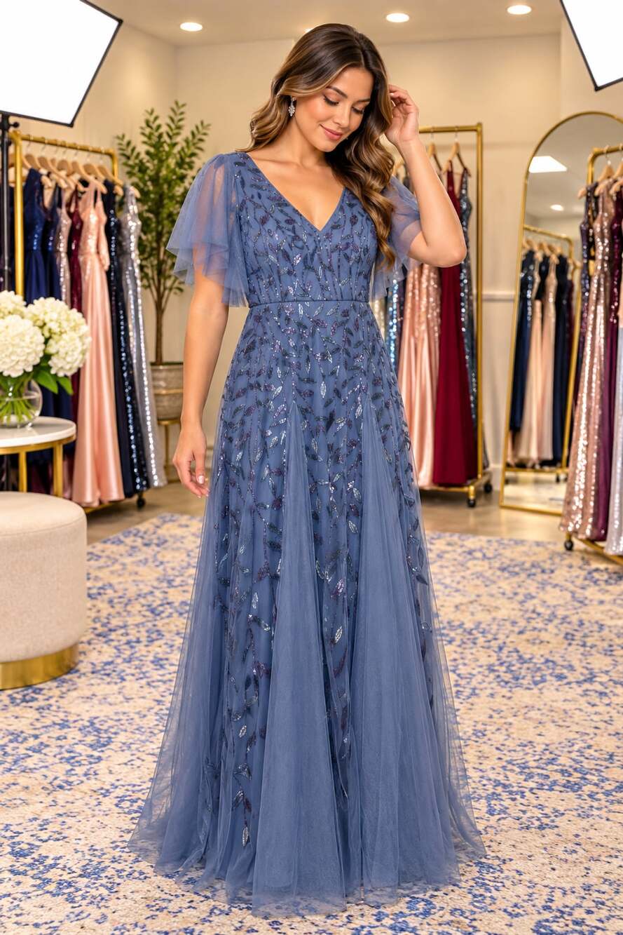 Dusty Blue Sequin Tulle Flutter Sleeve Formal Evening Gown